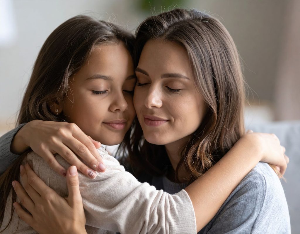 Mother and her child hugging with their eyes closed; both are smiling and looking cozy together.